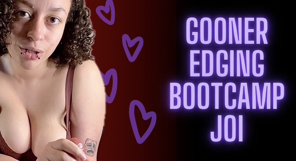 A thumbnail created by the curvy Succubus Fiestry titled "Gooner Edging Bootcamp JOI", a jerk off instructions FemDom clip for gooners to enjoy.